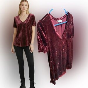 90s Grunge Burgundy Crushed Velvet Pocket Tee High Low Tunic Red Wine Medium